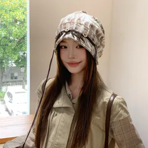 Ethno Batik Quasten Beanie Mütze Damen, Retro Herbst lässiger Wickelhut für Frauen Stil.