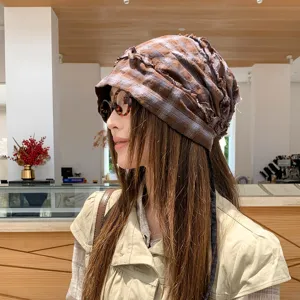 Ρετρό καρό slouchy τουρμπάνι καπέλο με βολάν για γυναίκες, ανοιξιάτικο, αδυνάτισμα προσώπου.