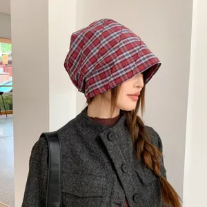 Sombrero de gorro plisado a cuadros estilo coreano mujer otoño vintage linda streetwear