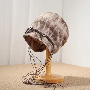Ethischer Batik Schlapphut mit Quasten Geflecht Retro lässige Herbst Beanie Mütze für Damen