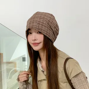 Gorro slouchy a cuadros estilo coreano para mujer, sombrero plisado retro otoño invierno cómodo.