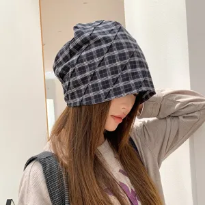 Gorro slouchy plisado a cuadros de estilo coreano para mujer, sombrero de otoño de moda.