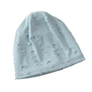 Hellblaue distressed Strickmütze Damen slouchy Retro Beanie Frühlings atmungsaktiver Hut