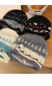 Fair Isle Strick Slouchy Beanie Damen Herbst Winter Vintage kuschelig warme Wollmütze