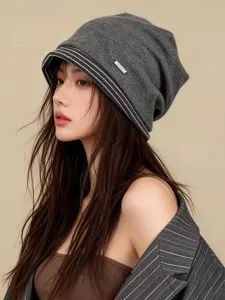 Koreanischer gestreifter Slouchy Strickhut für Damen, weiche Herbst Winter Beanie Mütze.