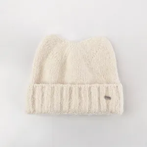 Süße Katzenohren Strickmütze für Damen, Herbst Winter warme weiche Wollmütze in Beige.