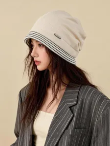 Koreanische Strick Slouchy Beanie Mütze für Damen Herbst Winter gestreifte Stulpe casual