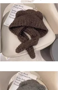 Detailed view of fluffy bear ear hat scarf combo, soft plush texture for winter warmth.