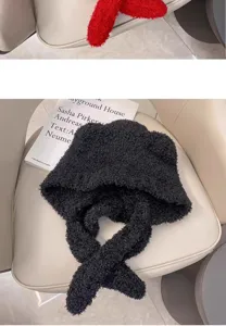 Plush bear ear hat and scarf integrated winter warm thick fleece windproof cute cap for women