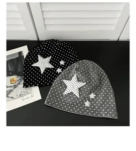 Detailed view of cute Korean style polka dot star slouchy beanie hat, breathable casual hat for women.