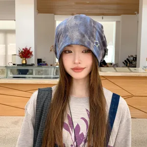 Vintage tie-dye star slouchy beanie hat for women, casual warm knitted skull cap autumn winter.