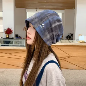 Vintage dyed star slouchy beanie hat for women, casual knit warm winter skull cap.