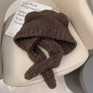 Women Winter Warm Plush Integrated Hat and Scarf with Cute Bear Ears Thick Windproof Ear Protection Lei Feng Hat for Outdoor Cold Weather