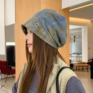 Retro tie-dye star slouchy beanie women autumn winter fashion casual warm hat head wrap