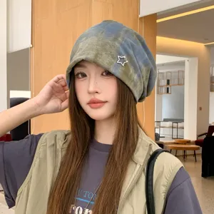 Retro tie-dye slouchy beanie with metallic star, cozy warm knit hat for women autumn winter.