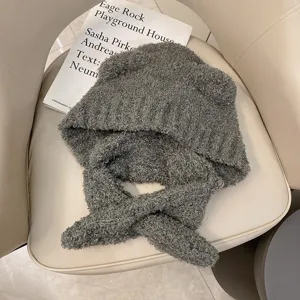 Cute bear ear winter plush hat and scarf all-in-one women warm thick cycling ear protection cap