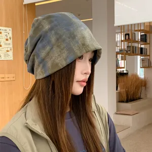 Retro tie-dye slouchy beanie hat for women autumn winter warm knit cap casual stylish headwear detail
