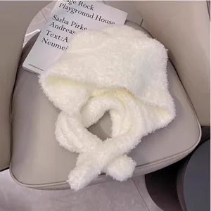 Cute white plush bear ear hat and scarf combo for women, warm winter thick cozy headwear.