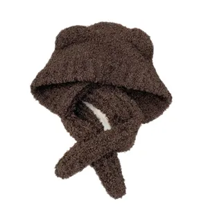 Cute bear ear plush hat and scarf integrated set for women, warm winter thick cozy beanie.