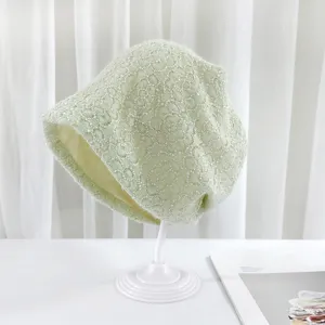 Women light green floral jacquard bucket hat Korean style elegant knitted piled hat spring