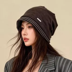 Koreanische originale gestreifte Slouchy Beanie für Damen, gemütliche Herbst Winter Mütze.