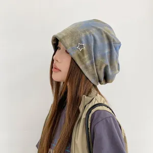 Vintage tie-dye slouchy beanie hat for women, casual soft knit streetwear winter warm skull cap.