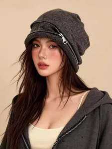 Damen winter strickmütze mit reißverschluss slouchy beanie warme freizeit mütze kopfbedeckung