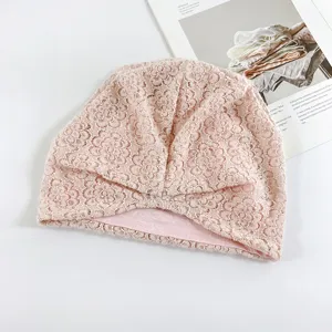 Pink floral lace beanie hat, Korean style knit cap for women, cute spring autumn headwear.