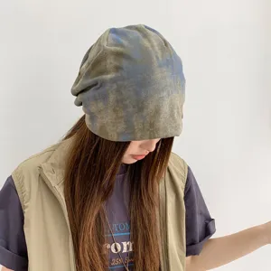 Retro tie-dye slouchy beanie for women, autumn winter casual soft loose warm head wrap hat.