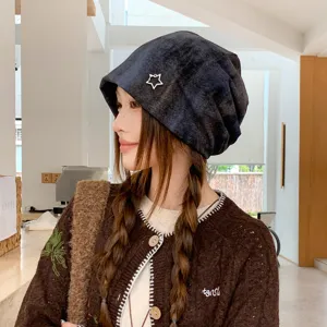 Vintage tie-dye star slouchy beanie for women, cozy autumn winter casual knit hat with star pin.