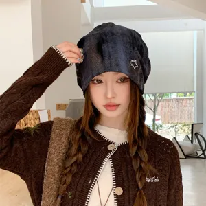 Vintage mottled star beanie hat for women, autumn winter casual slouchy knit cap headwear