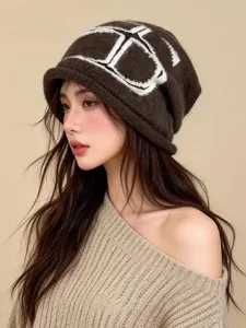 Bonnet en tricot marron pour femme, chapeau slouchy chaud automne hiver avec motif élégant