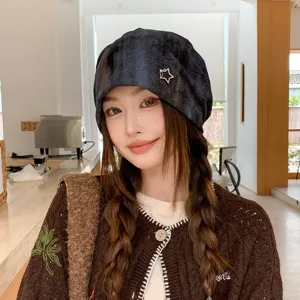 Retro tie-dye slouchy beanie hat for women with silver star detail, autumn winter warm cap.