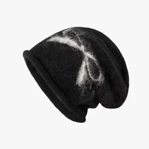 Femme automne hiver bonnet tricoté noir avec motif noeud blanc chapeau chaud élégant