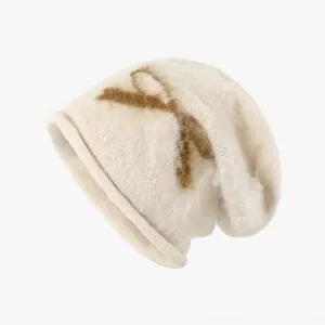 Bonnet tricoté automne hiver femme écru nœud jacquard chaud bord roulé chapeau mode