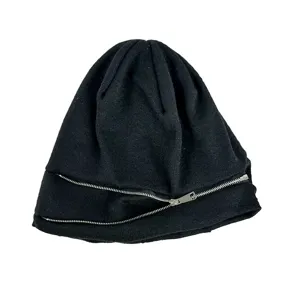 Schwarze gestrickte Slouchy Beanie Mütze für Damen, Herbst Winter warme coole Reißverschluss Mütze.