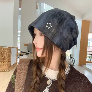 Vintage tie dye star slouchy beanie hat for women autumn winter casual knit warm cap