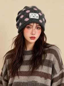 Damen Koreanische Mütze Strickmütze grau rosa Punkte süß Winter warm Beanie Wollmütze weich