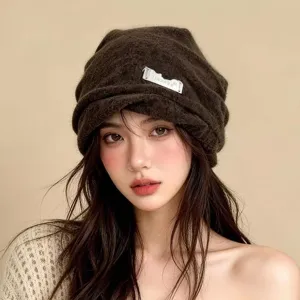 Gorro de Punto Plisado Coreano para Mujer Otoño Invierno Cálido Protección de Oídos Gorro Slouchy Color Sólido Exterior