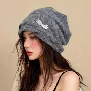 Gorro slouchy de punto estilo coreano para mujer, gorro cálido de invierno plisado orejeras gris.