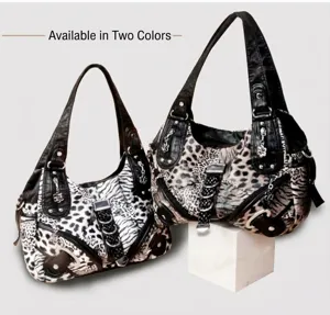 Women shoulder bag leopard zebra print patchwork fashion handbag with studs and buckles.