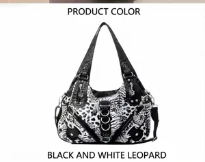 Women black white leopard print shoulder bag, stylish crossbody handbag with metal rings.