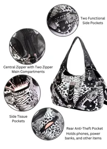 Detailed view of the black and white animal print women shoulder bag with multiple zippered pockets.