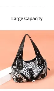 Leopard print women shoulder bag detail, stylish PU leather handbag with metal hardware.