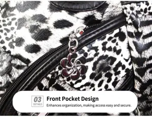 Detailed view of women leopard print handbag zipper and front pocket design fashion style