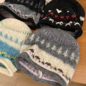 Fair Isle Strick Beanie Mütze für Damen, kuschelige Winter Retro Umschlag Wollmütze.