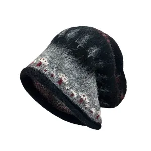 Damen Winter Strickmütze Beanie, Fair Isle Rollrand Slouchy Mütze, vintage warme Kälteschutzmütze.