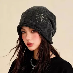 Bonnet en Tricot Lavé Coréen pour Femmes Sweet Cool Slouchy Étoile Strass Automne Hiver Chaud Bonnet en Tricot Accessoires