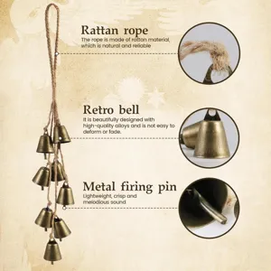 Vintage hemp rope Christmas bell wind chime, retro metal craft for home door hanging.
