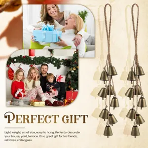 Retro Christmas bell wind chime with hemp rope, vintage metal hanging decor for home and door.
